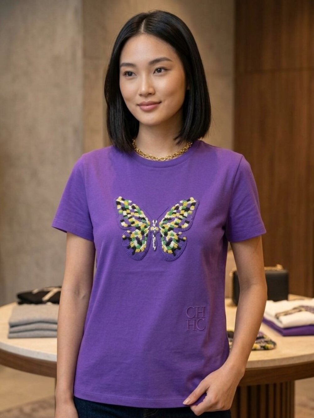 Carolina Herrera Purple Tee with Embellished Butterfly